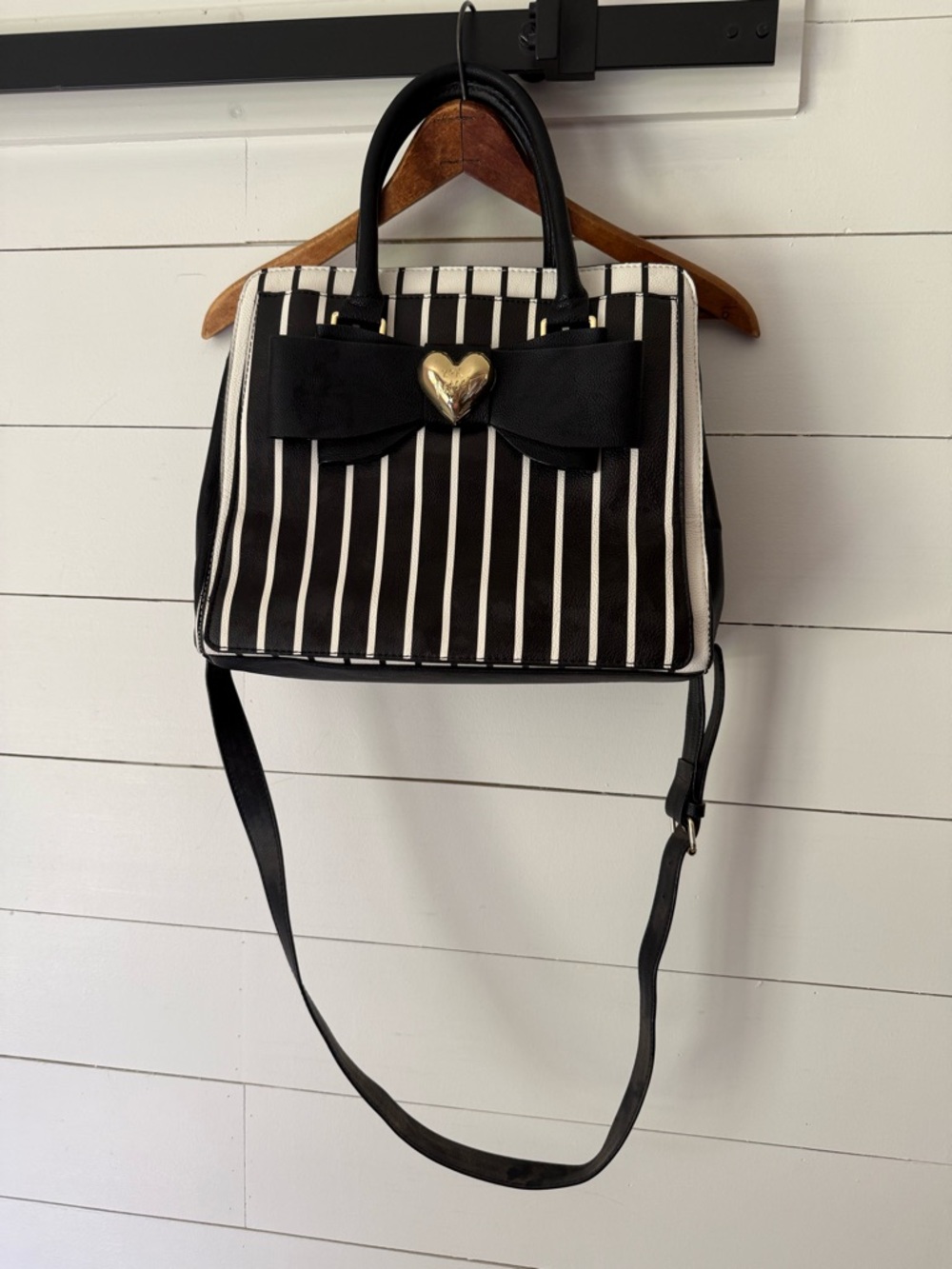 Betsey Johnson Black and White Striped Bow Satchel with Gold Heart